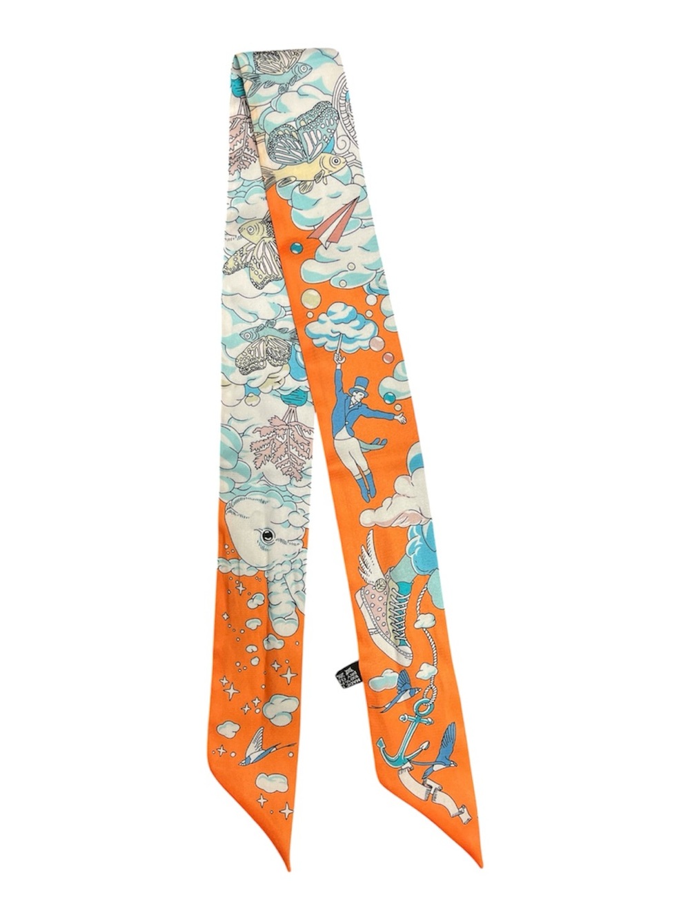 Bright Orange and Sky Blue Illustrated Silk Scarf Tie - Picture 4 of 4